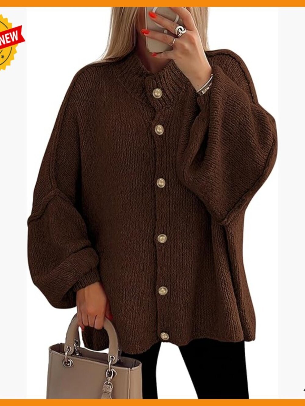 Chunky Knit Cardigan Sweater, Button Down, Lantern Sleeve, Winter Outerwear
